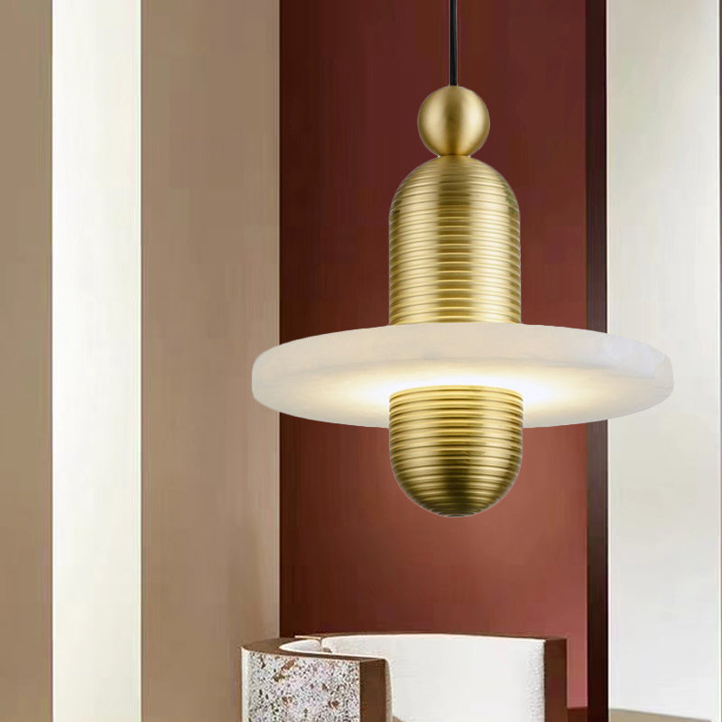 Dress-Like Pendant Lamp Mid Century Marble 1 Head Bedroom Suspension Light in Gold-White with Ribbed Texture Design Clearhalo 'Ceiling Lights' 'Pendant Lights' 'Pendants' Lighting' 1456764