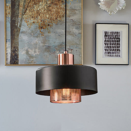 Metal Dual Lid Shade Pendulum Light Mid-Century 1 Bulb Black and Rose Gold Hanging Pendant with Netting Screen Inside Black Clearhalo 'Ceiling Lights' 'Modern Pendants' 'Modern' 'Pendant Lights' 'Pendants' Lighting' 1456768