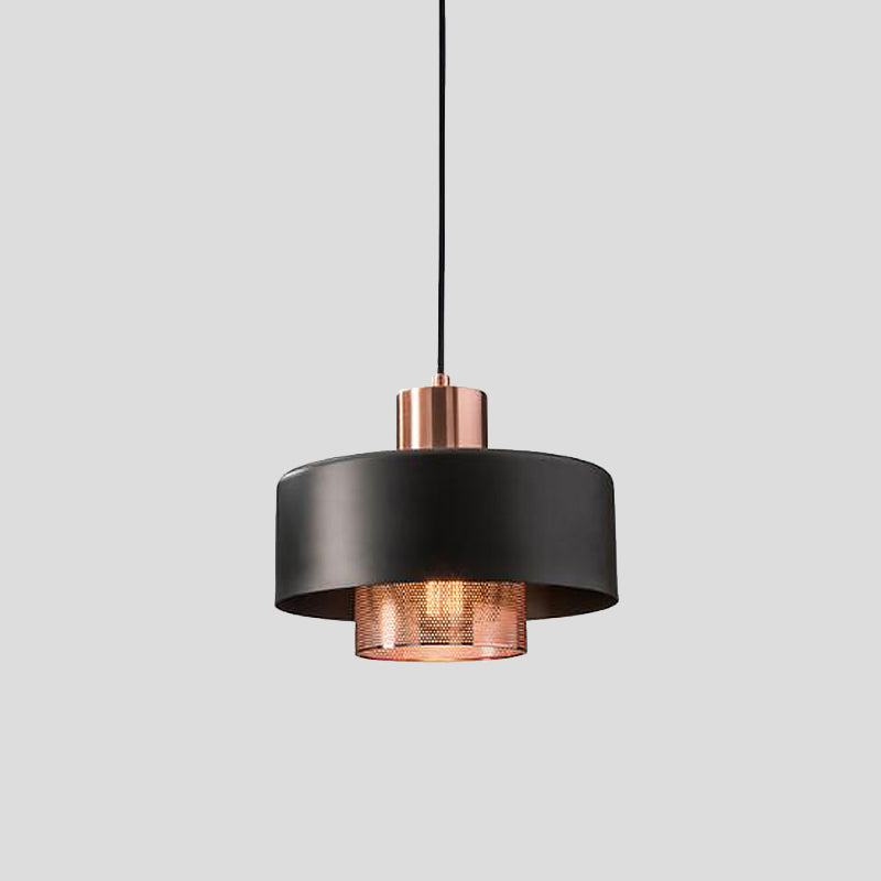 Metal Dual Lid Shade Pendulum Light Mid-Century 1 Bulb Black and Rose Gold Hanging Pendant with Netting Screen Inside Clearhalo 'Ceiling Lights' 'Modern Pendants' 'Modern' 'Pendant Lights' 'Pendants' Lighting' 1456771