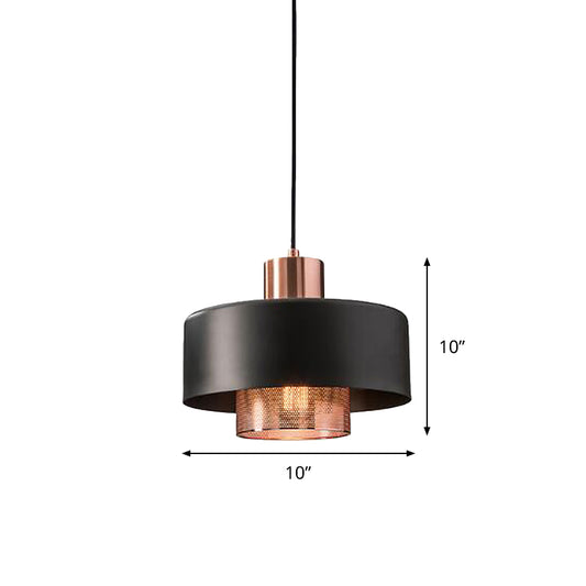 Metal Dual Lid Shade Pendulum Light Mid-Century 1 Bulb Black and Rose Gold Hanging Pendant with Netting Screen Inside Clearhalo 'Ceiling Lights' 'Modern Pendants' 'Modern' 'Pendant Lights' 'Pendants' Lighting' 1456772