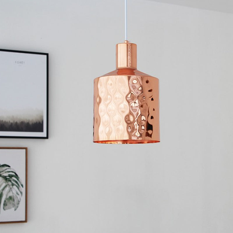 Mid Century Single Hanging Lamp Iron Rose Gold Dimpled Cylindrical Pendant Lighting Fixture Clearhalo 'Ceiling Lights' 'Modern Pendants' 'Modern' 'Pendant Lights' 'Pendants' Lighting' 1456774