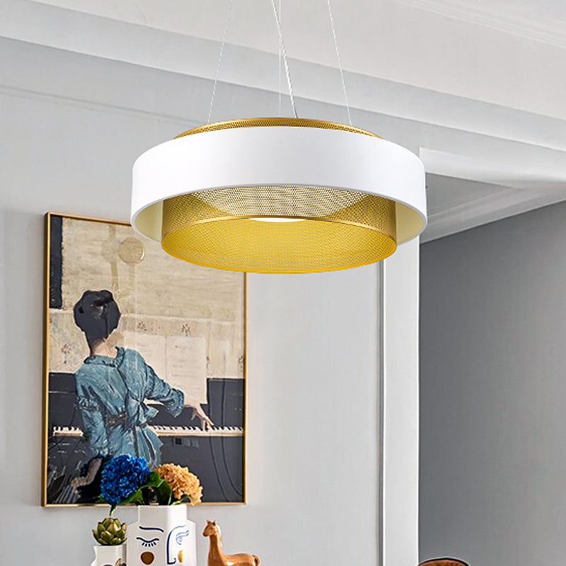 Metal 2 Layers Circle Hanging Light Modern White/Black-Gold 15"/18" Wide LED Drop Pendant with Mesh Screen and Acrylic Diffuser Clearhalo 'Ceiling Lights' 'Modern Pendants' 'Modern' 'Pendant Lights' 'Pendants' Lighting' 1456807