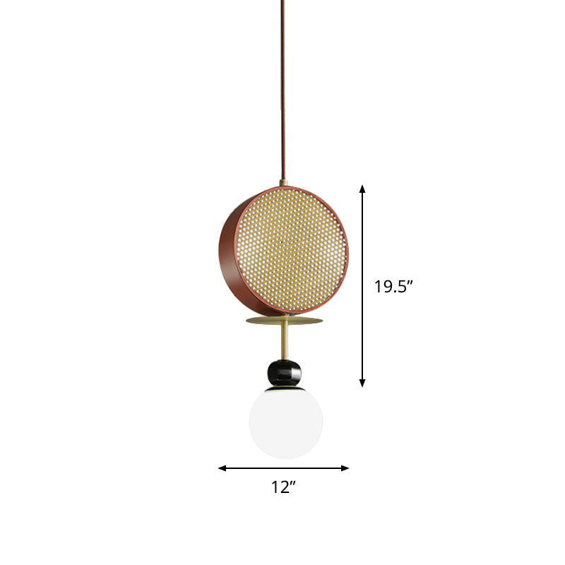 Red Gong Hanging Chandelier Vintage 3 Heads Iron Pendant Lamp with Pierced Screen and Bottom Ball White Glass Shade Clearhalo 'Ceiling Lights' 'Chandeliers' 'Modern Chandeliers' 'Modern' Lighting' 1456814