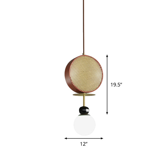 Red Gong Hanging Chandelier Vintage 3 Heads Iron Pendant Lamp with Pierced Screen and Bottom Ball White Glass Shade Clearhalo 'Ceiling Lights' 'Chandeliers' 'Modern Chandeliers' 'Modern' Lighting' 1456814