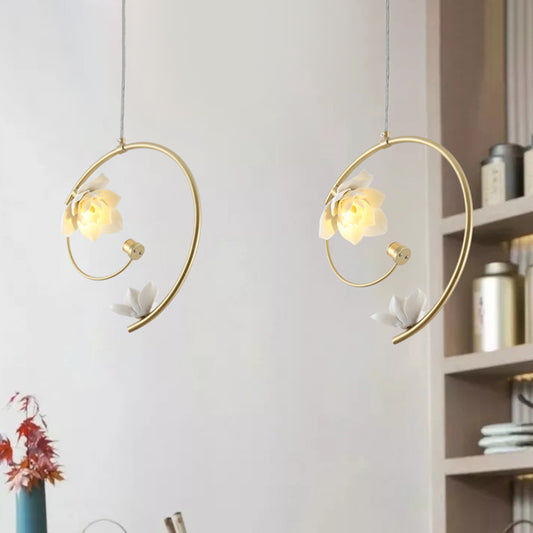 Ceramic Flower Pendant Lamp Modern Single White Hanging Ceiling Light with Gold Scroll Stem Gold Clearhalo 'Ceiling Lights' 'Modern Pendants' 'Modern' 'Pendant Lights' 'Pendants' Lighting' 1456833