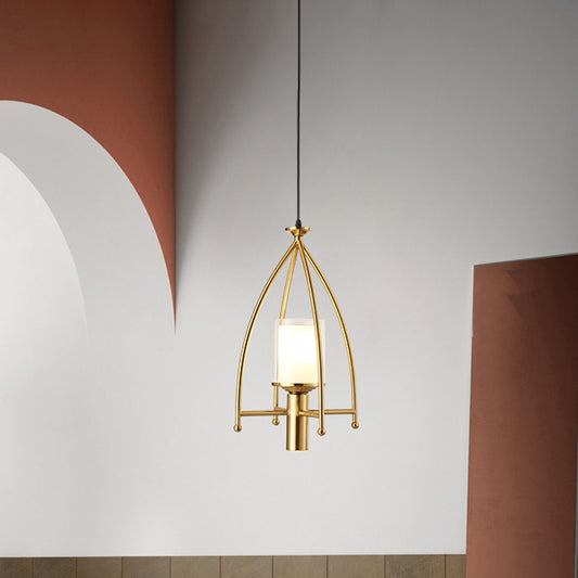 Matte Glass Dual Shade Cylinder Pendant Mid Century 1-Light Hanging Light Fixture with Gold Cage Guard Gold Clearhalo 'Ceiling Lights' 'Modern Pendants' 'Modern' 'Pendant Lights' 'Pendants' Lighting' 1456848