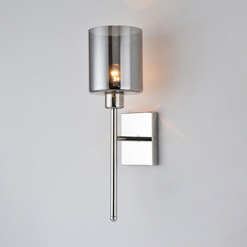 Beige/Chrome Cylindrical Sconce Modern 1 Light Smoke/Clear Glass Wall Mount Light with Switch/No Switch/Cable Switch Chrome No Switch Clearhalo 'Cast Iron' 'Glass' 'Industrial' 'Modern wall lights' 'Modern' 'Tiffany' 'Traditional wall lights' 'Wall Lamps & Sconces' 'Wall Lights' Lighting' 145685