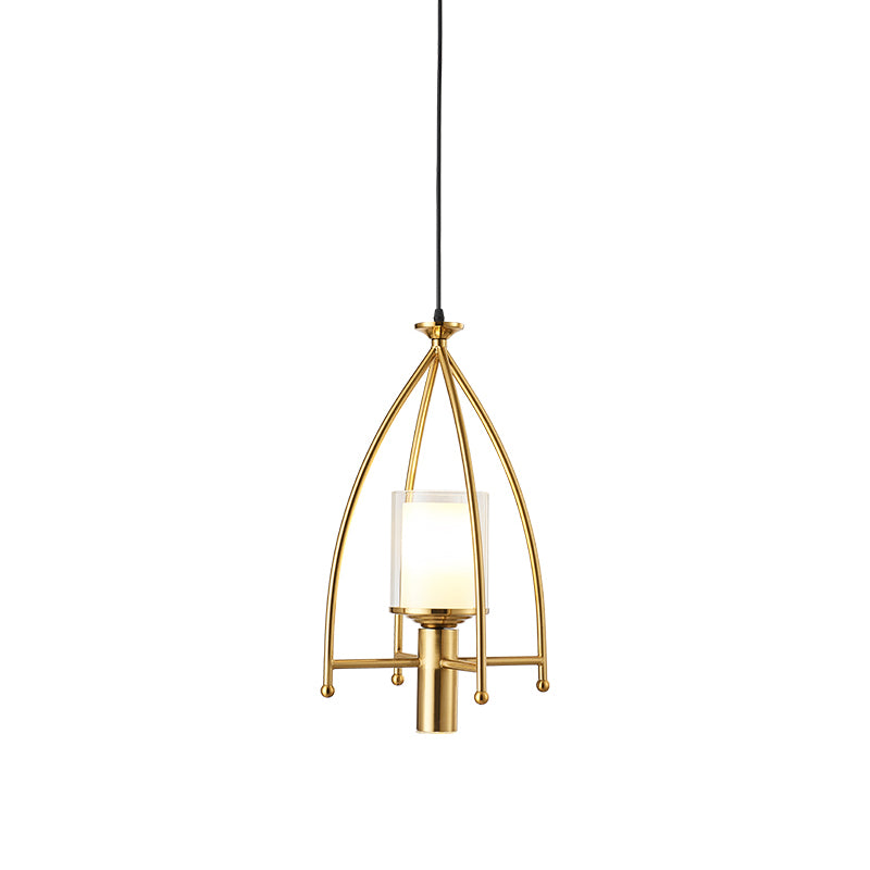 Matte Glass Dual Shade Cylinder Pendant Mid Century 1-Light Hanging Light Fixture with Gold Cage Guard Clearhalo 'Ceiling Lights' 'Modern Pendants' 'Modern' 'Pendant Lights' 'Pendants' Lighting' 1456850