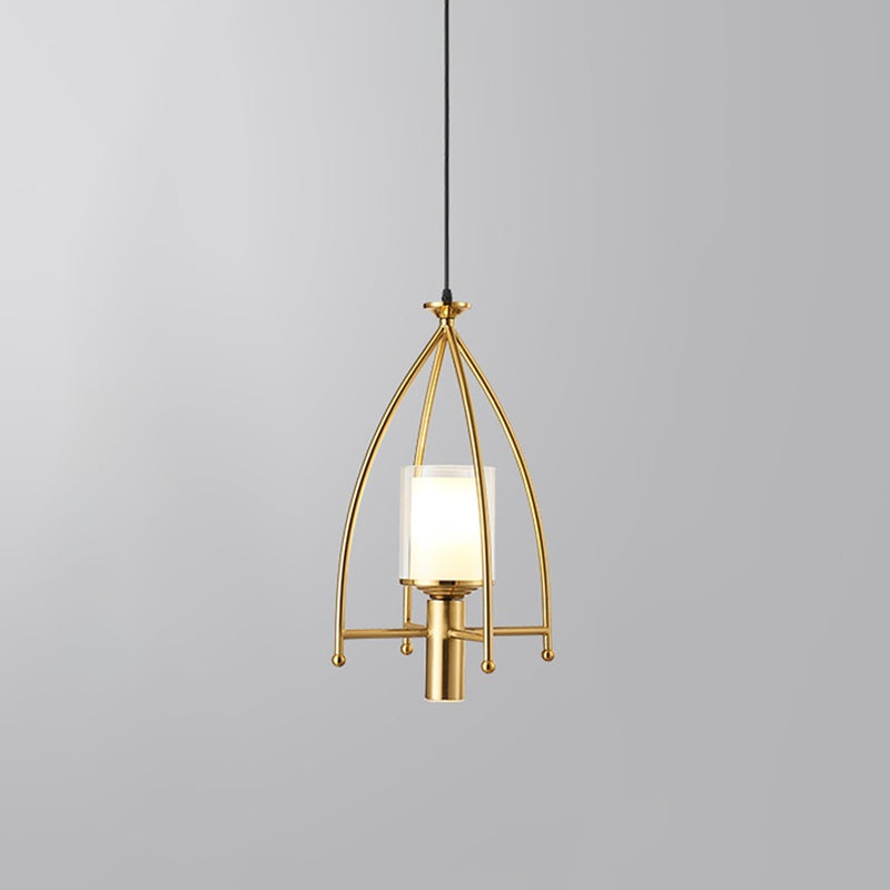 Matte Glass Dual Shade Cylinder Pendant Mid Century 1-Light Hanging Light Fixture with Gold Cage Guard Clearhalo 'Ceiling Lights' 'Modern Pendants' 'Modern' 'Pendant Lights' 'Pendants' Lighting' 1456851