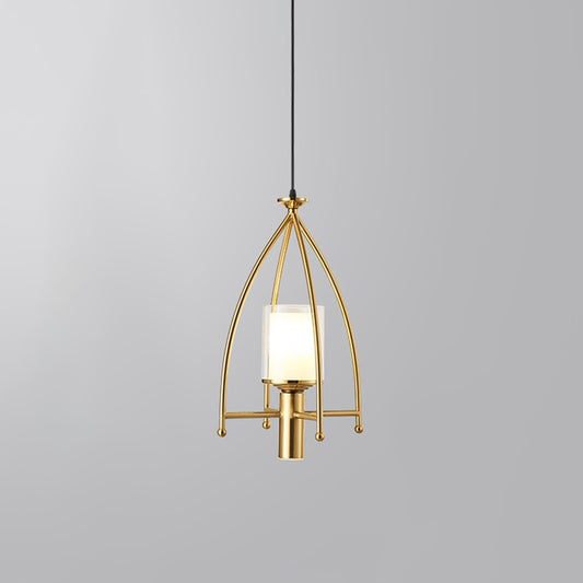 Matte Glass Dual Shade Cylinder Pendant Mid Century 1-Light Hanging Light Fixture with Gold Cage Guard Clearhalo 'Ceiling Lights' 'Modern Pendants' 'Modern' 'Pendant Lights' 'Pendants' Lighting' 1456851