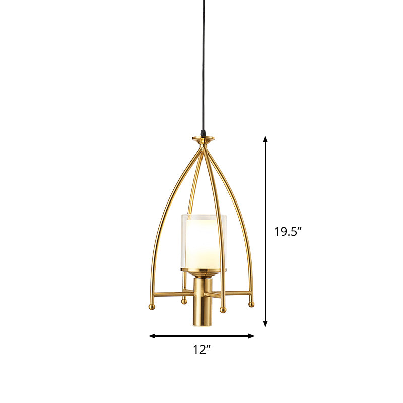 Matte Glass Dual Shade Cylinder Pendant Mid Century 1-Light Hanging Light Fixture with Gold Cage Guard Clearhalo 'Ceiling Lights' 'Modern Pendants' 'Modern' 'Pendant Lights' 'Pendants' Lighting' 1456852