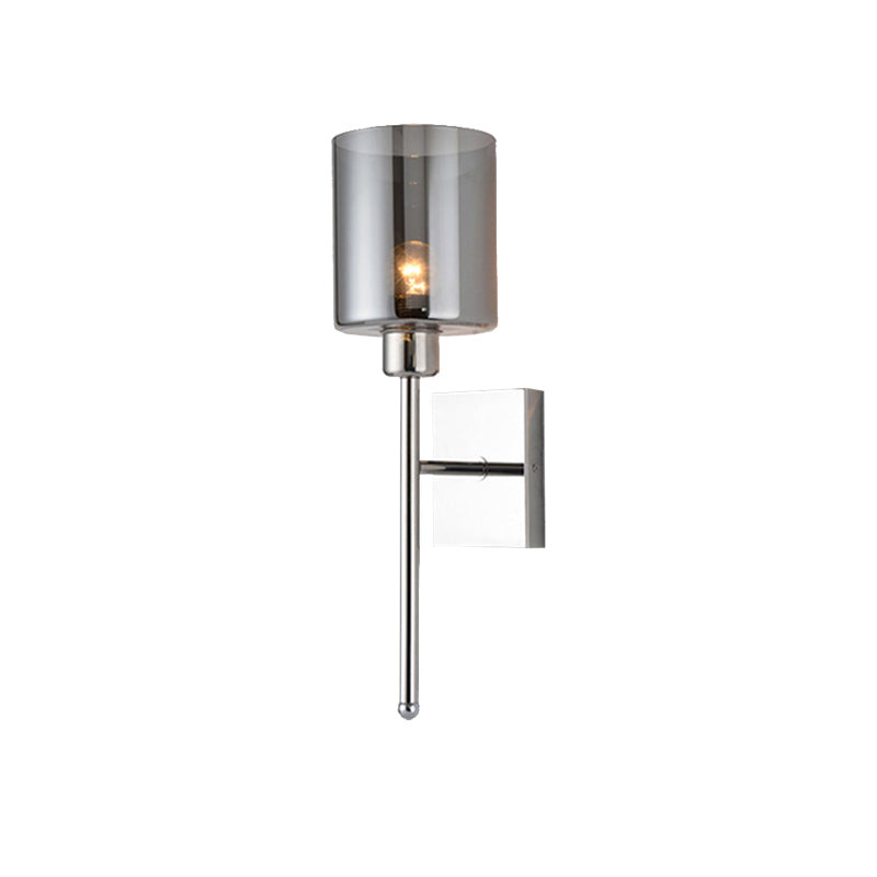 Beige/Chrome Cylindrical Sconce Modern 1 Light Smoke/Clear Glass Wall Mount Light with Switch/No Switch/Cable Switch Clearhalo 'Cast Iron' 'Glass' 'Industrial' 'Modern wall lights' 'Modern' 'Tiffany' 'Traditional wall lights' 'Wall Lamps & Sconces' 'Wall Lights' Lighting' 145686