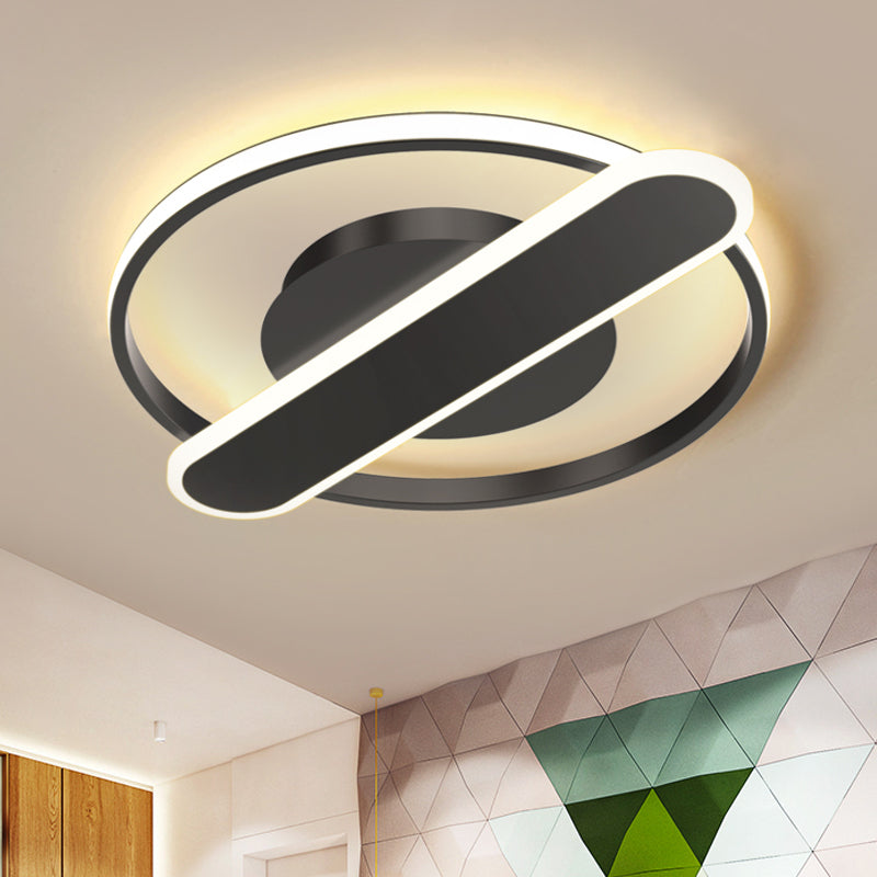 Acrylic Thin Loop LED Ceiling Lamp Modern Black/White/Gold Flush Mount Recessed Lighting with Oblong Cross Bar, 16.5"/20.5" Width Black Clearhalo 'Ceiling Lights' 'Close To Ceiling Lights' 'Close to ceiling' 'Flush mount' Lighting' 1456913