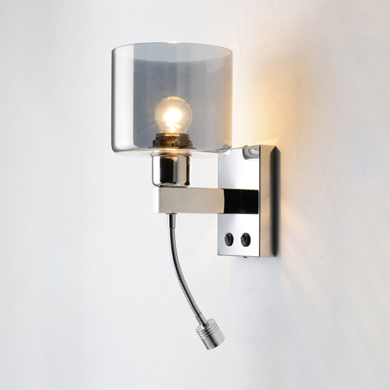 Cylindrical Grey Glass Wall Sconce Modernist 1 Light Chrome Wall Light Fixture with 1 Switch/2 Switches/No Switch Clearhalo 'Cast Iron' 'Glass' 'Industrial' 'Modern wall lights' 'Modern' 'Tiffany' 'Traditional wall lights' 'Wall Lamps & Sconces' 'Wall Lights' Lighting' 145692