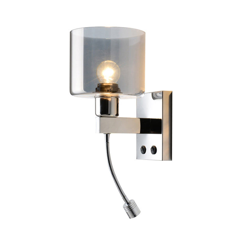 Cylindrical Grey Glass Wall Sconce Modernist 1 Light Chrome Wall Light Fixture with 1 Switch/2 Switches/No Switch Clearhalo 'Cast Iron' 'Glass' 'Industrial' 'Modern wall lights' 'Modern' 'Tiffany' 'Traditional wall lights' 'Wall Lamps & Sconces' 'Wall Lights' Lighting' 145693