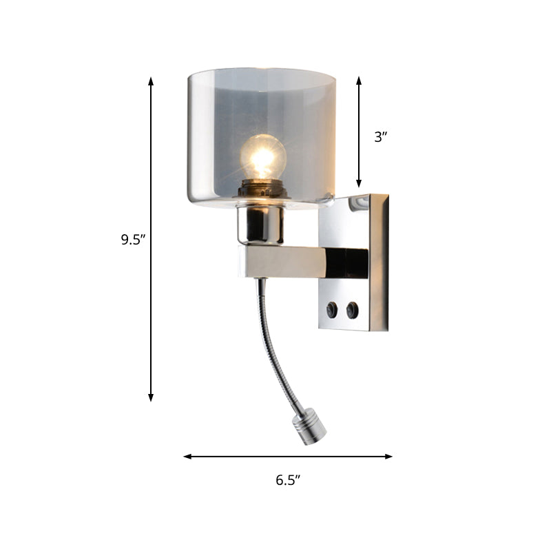 Cylindrical Grey Glass Wall Sconce Modernist 1 Light Chrome Wall Light Fixture with 1 Switch/2 Switches/No Switch Clearhalo 'Cast Iron' 'Glass' 'Industrial' 'Modern wall lights' 'Modern' 'Tiffany' 'Traditional wall lights' 'Wall Lamps & Sconces' 'Wall Lights' Lighting' 145694