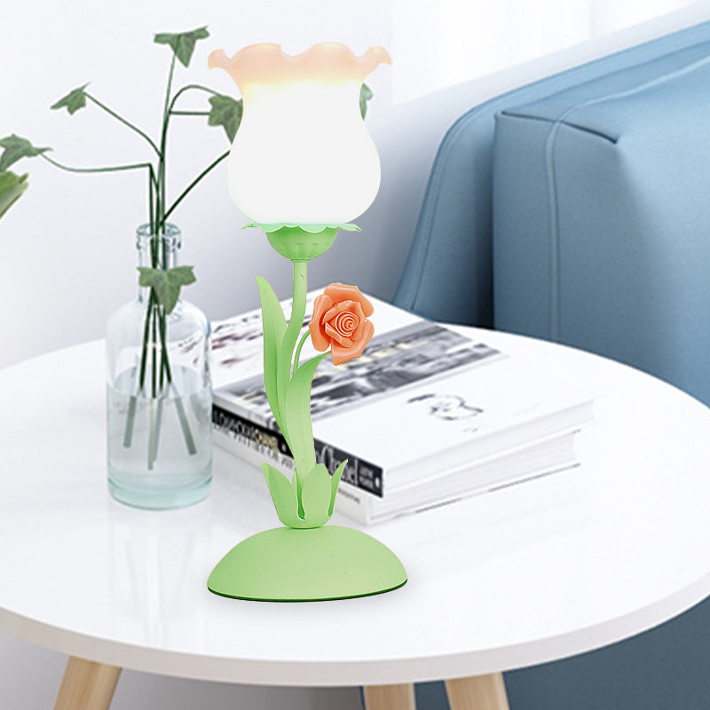 Pastoral Rose Bud Table Light 1 Head Opal Matte Glass Nightstand Lamp with Pink/Blue/Green Vine Green Clearhalo 'Lamps' 'Table Lamps' Lighting' 1456976