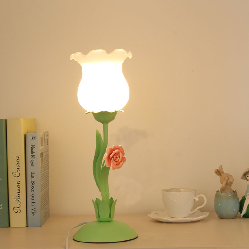 Pastoral Rose Bud Table Light 1 Head Opal Matte Glass Nightstand Lamp with Pink/Blue/Green Vine Clearhalo 'Lamps' 'Table Lamps' Lighting' 1456977