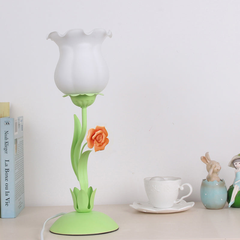 Pastoral Rose Bud Table Light 1 Head Opal Matte Glass Nightstand Lamp with Pink/Blue/Green Vine Clearhalo 'Lamps' 'Table Lamps' Lighting' 1456978
