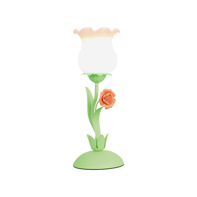 Pastoral Rose Bud Table Light 1 Head Opal Matte Glass Nightstand Lamp with Pink/Blue/Green Vine Clearhalo 'Lamps' 'Table Lamps' Lighting' 1456979