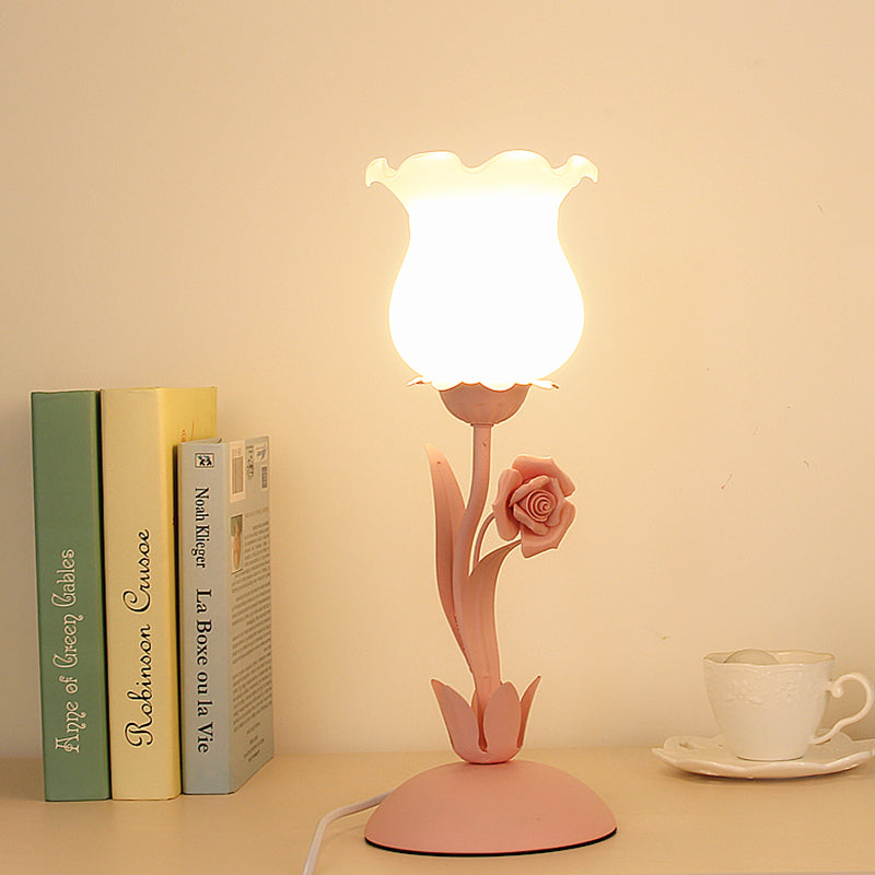 Pastoral Rose Bud Table Light 1 Head Opal Matte Glass Nightstand Lamp with Pink/Blue/Green Vine Clearhalo 'Lamps' 'Table Lamps' Lighting' 1456982