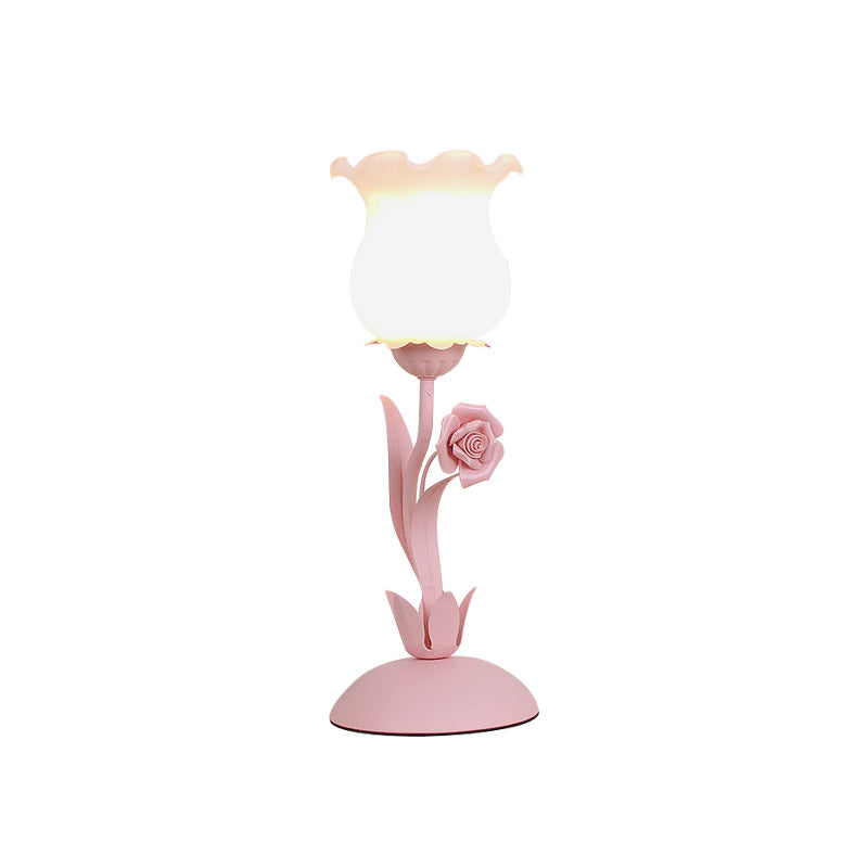 Pastoral Rose Bud Table Light 1 Head Opal Matte Glass Nightstand Lamp with Pink/Blue/Green Vine Clearhalo 'Lamps' 'Table Lamps' Lighting' 1456984