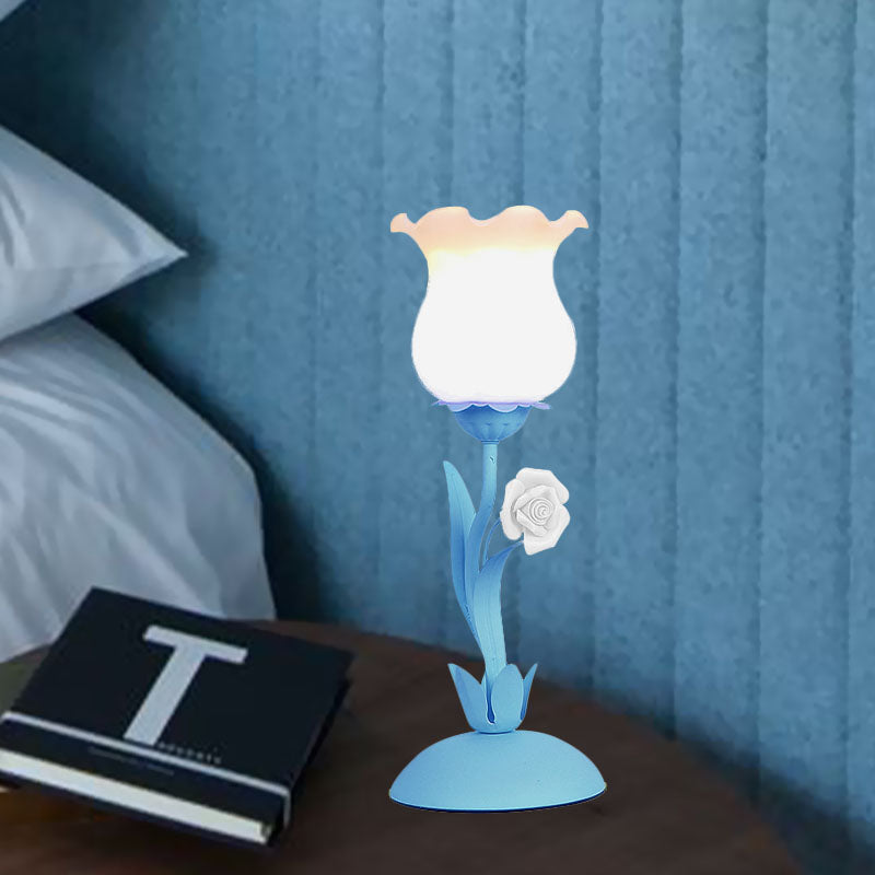 Pastoral Rose Bud Table Light 1 Head Opal Matte Glass Nightstand Lamp with Pink/Blue/Green Vine Clearhalo 'Lamps' 'Table Lamps' Lighting' 1456986