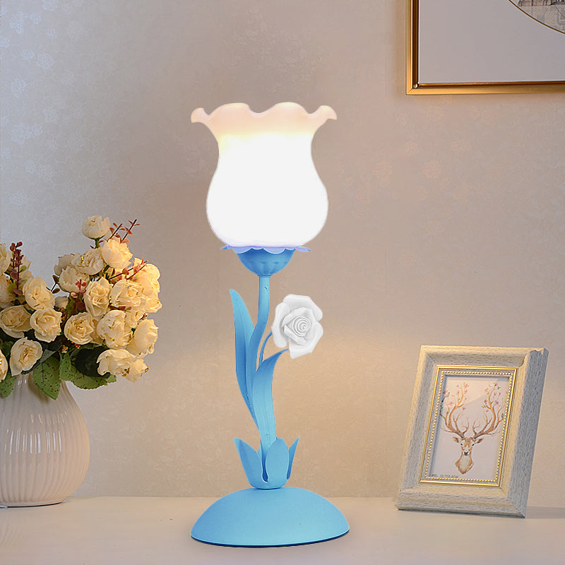 Pastoral Rose Bud Table Light 1 Head Opal Matte Glass Nightstand Lamp with Pink/Blue/Green Vine Clearhalo 'Lamps' 'Table Lamps' Lighting' 1456987