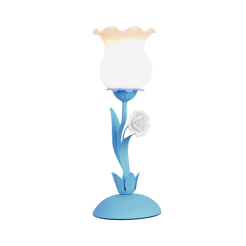 Pastoral Rose Bud Table Light 1 Head Opal Matte Glass Nightstand Lamp with Pink/Blue/Green Vine Clearhalo 'Lamps' 'Table Lamps' Lighting' 1456988