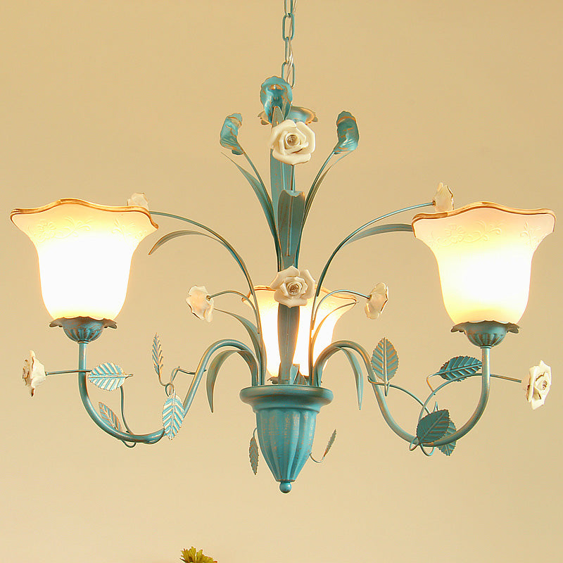 Pink/Blue Blossom Ceiling Chandelier Pastoral Milk Glass 3/5 Lights Dining Room Hanging Light Fixture Clearhalo 'Ceiling Lights' 'Chandeliers' Lighting' options 1456989