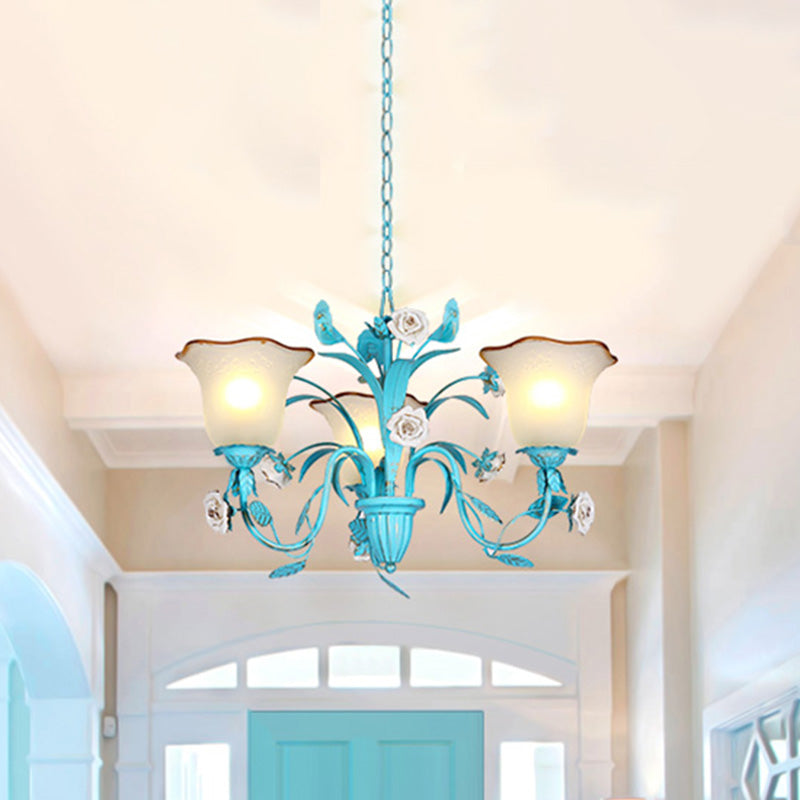 Pink/Blue Blossom Ceiling Chandelier Pastoral Milk Glass 3/5 Lights Dining Room Hanging Light Fixture Clearhalo 'Ceiling Lights' 'Chandeliers' Lighting' options 1456990