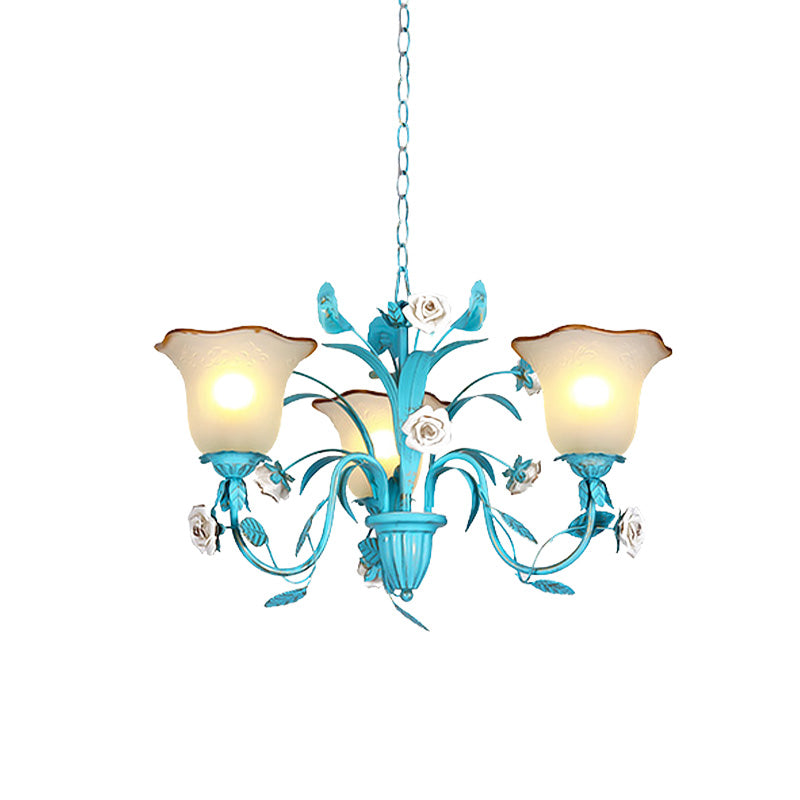 Pink/Blue Blossom Ceiling Chandelier Pastoral Milk Glass 3/5 Lights Dining Room Hanging Light Fixture Clearhalo 'Ceiling Lights' 'Chandeliers' Lighting' options 1456991