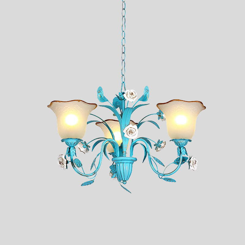 Pink/Blue Blossom Ceiling Chandelier Pastoral Milk Glass 3/5 Lights Dining Room Hanging Light Fixture Clearhalo 'Ceiling Lights' 'Chandeliers' Lighting' options 1456992