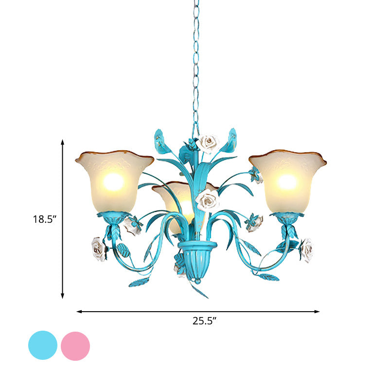 Pink/Blue Blossom Ceiling Chandelier Pastoral Milk Glass 3/5 Lights Dining Room Hanging Light Fixture Clearhalo 'Ceiling Lights' 'Chandeliers' Lighting' options 1456993