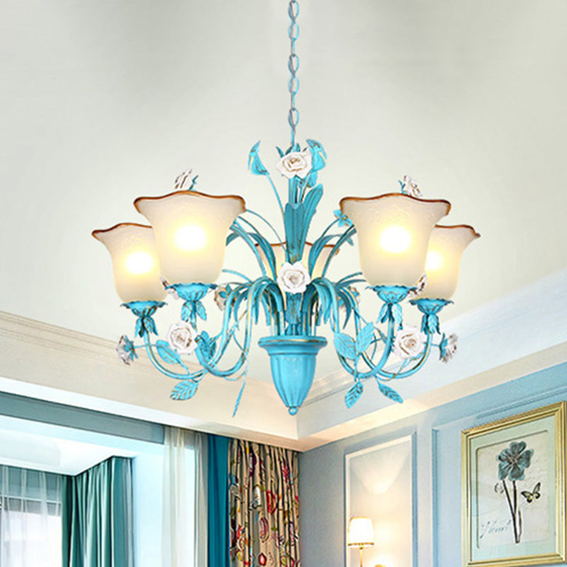 Pink/Blue Blossom Ceiling Chandelier Pastoral Milk Glass 3/5 Lights Dining Room Hanging Light Fixture Clearhalo 'Ceiling Lights' 'Chandeliers' Lighting' options 1456995