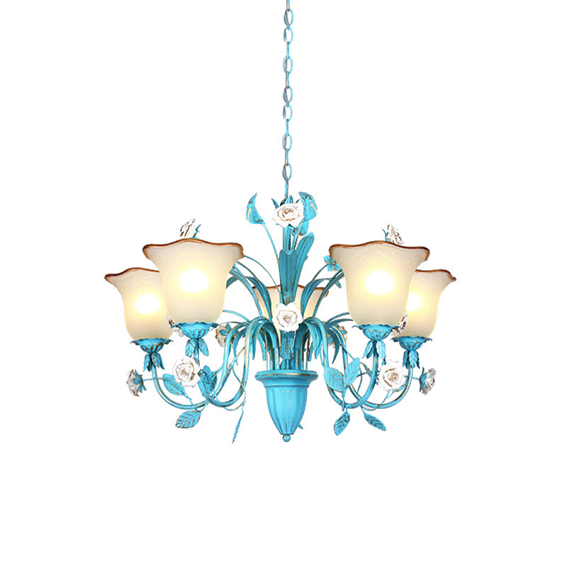 Pink/Blue Blossom Ceiling Chandelier Pastoral Milk Glass 3/5 Lights Dining Room Hanging Light Fixture Clearhalo 'Ceiling Lights' 'Chandeliers' Lighting' options 1456996