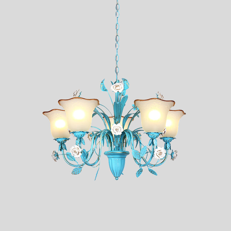 Pink/Blue Blossom Ceiling Chandelier Pastoral Milk Glass 3/5 Lights Dining Room Hanging Light Fixture Clearhalo 'Ceiling Lights' 'Chandeliers' Lighting' options 1456997