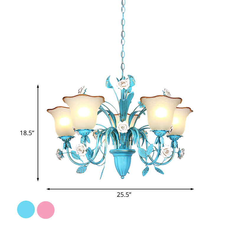 Pink/Blue Blossom Ceiling Chandelier Pastoral Milk Glass 3/5 Lights Dining Room Hanging Light Fixture Clearhalo 'Ceiling Lights' 'Chandeliers' Lighting' options 1456998