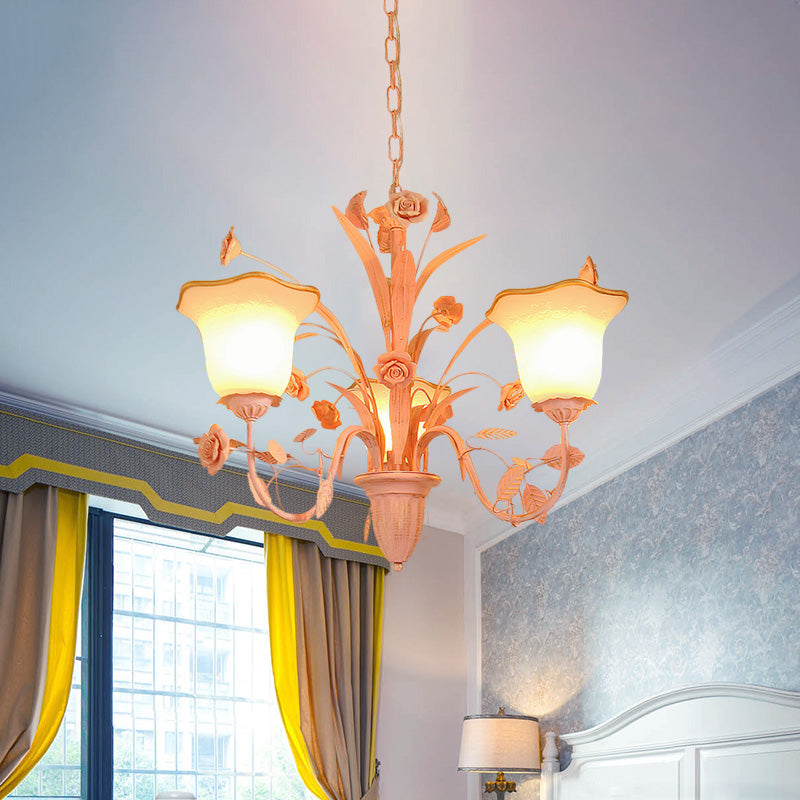 Pink/Blue Blossom Ceiling Chandelier Pastoral Milk Glass 3/5 Lights Dining Room Hanging Light Fixture Clearhalo 'Ceiling Lights' 'Chandeliers' Lighting' options 1457000