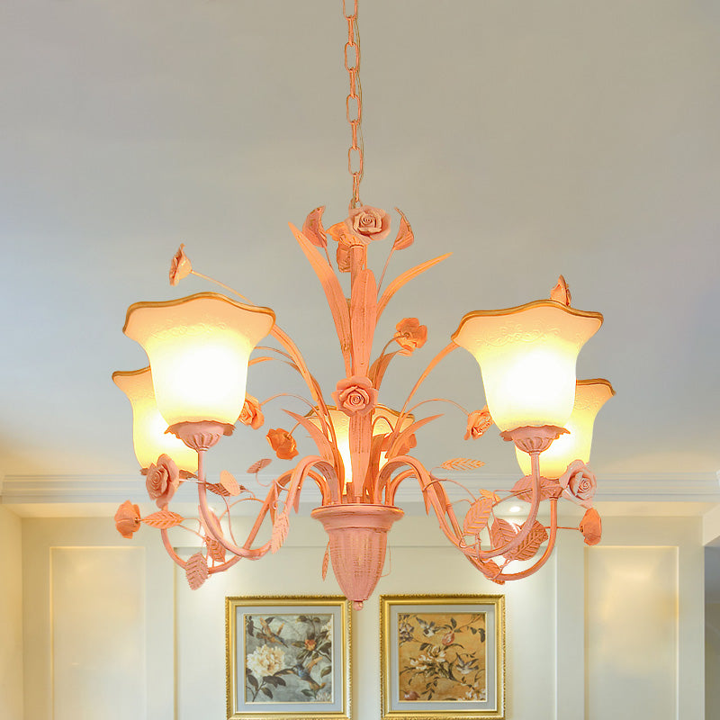 Pink/Blue Blossom Ceiling Chandelier Pastoral Milk Glass 3/5 Lights Dining Room Hanging Light Fixture Clearhalo 'Ceiling Lights' 'Chandeliers' Lighting' options 1457003