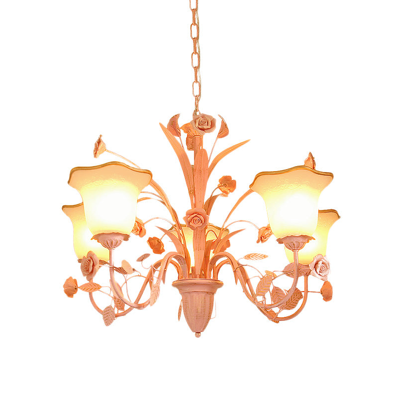 Pink/Blue Blossom Ceiling Chandelier Pastoral Milk Glass 3/5 Lights Dining Room Hanging Light Fixture Clearhalo 'Ceiling Lights' 'Chandeliers' Lighting' options 1457006