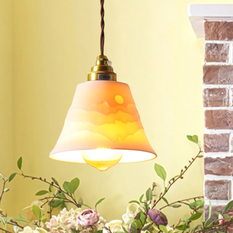 Ceramic Flared Ceiling Hanging Light Countryside Single Lodging House Pendant Lamp with Carved Sunrise Scenery White Clearhalo 'Ceiling Lights' 'Pendant Lights' 'Pendants' Lighting' 1457007_7e935e3d-807f-4528-9b16-cd5ab7c8a398