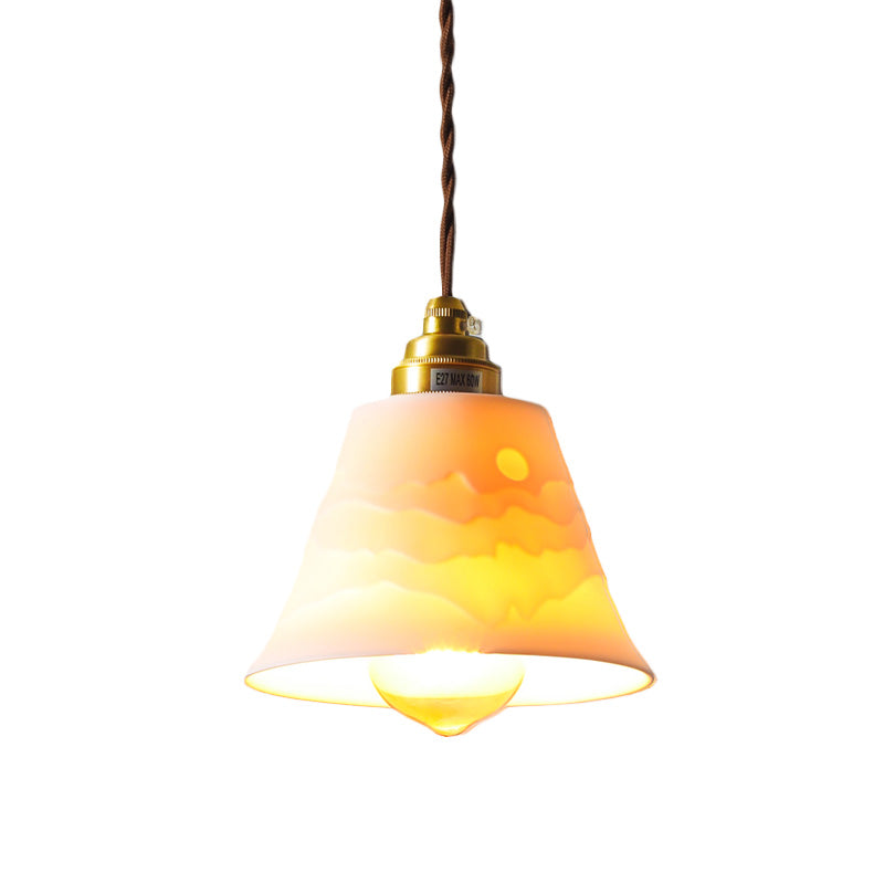 Ceramic Flared Ceiling Hanging Light Countryside Single Lodging House Pendant Lamp with Carved Sunrise Scenery Clearhalo 'Ceiling Lights' 'Pendant Lights' 'Pendants' Lighting' 1457010