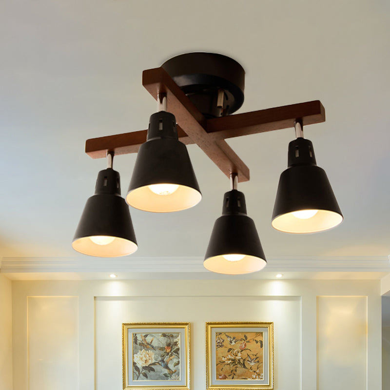 Lodge Tapered Rotatable Ceiling Fixture 4-Light Iron Semi Flush Mount Lighting in Black/White with Cross Wood Arm Clearhalo 'Ceiling Lights' 'Close To Ceiling Lights' 'Close to ceiling' 'Semi-flushmount' Lighting' 1457053