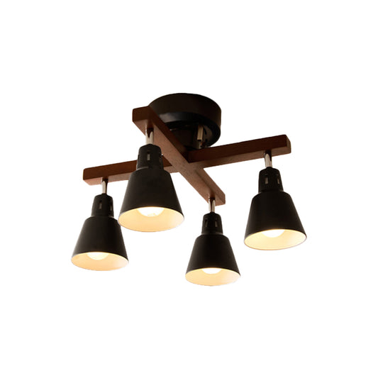 Lodge Tapered Rotatable Ceiling Fixture 4-Light Iron Semi Flush Mount Lighting in Black/White with Cross Wood Arm Clearhalo 'Ceiling Lights' 'Close To Ceiling Lights' 'Close to ceiling' 'Semi-flushmount' Lighting' 1457054