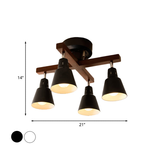 Lodge Tapered Rotatable Ceiling Fixture 4-Light Iron Semi Flush Mount Lighting in Black/White with Cross Wood Arm Clearhalo 'Ceiling Lights' 'Close To Ceiling Lights' 'Close to ceiling' 'Semi-flushmount' Lighting' 1457055