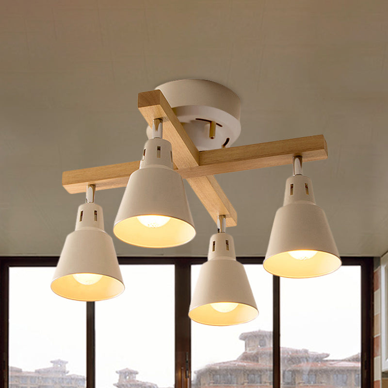 Lodge Tapered Rotatable Ceiling Fixture 4-Light Iron Semi Flush Mount Lighting in Black/White with Cross Wood Arm White Clearhalo 'Ceiling Lights' 'Close To Ceiling Lights' 'Close to ceiling' 'Semi-flushmount' Lighting' 1457056