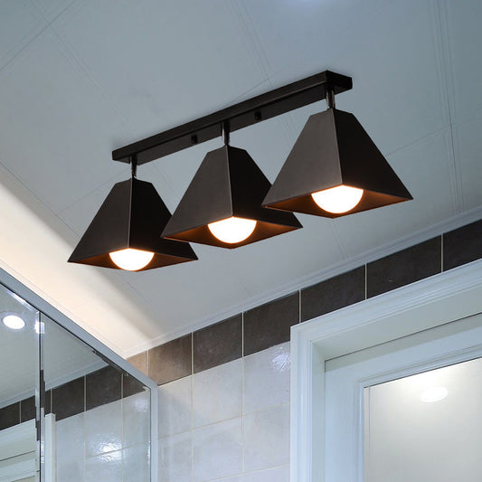 Iron Swivel Shade Pyramidal Ceiling Lamp Industrial 1/2/3-Head Lounge Semi Flush Mount Fixture in Black/White 3 Black Clearhalo 'Ceiling Lights' 'Close To Ceiling Lights' 'Close to ceiling' 'Semi-flushmount' Lighting' 1457079