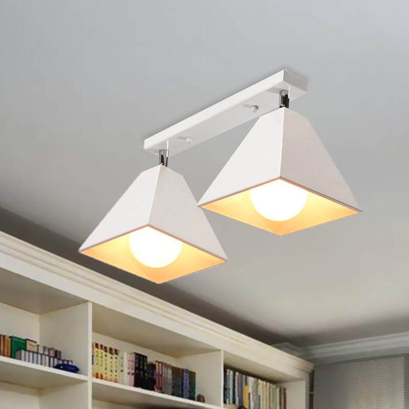 Iron Swivel Shade Pyramidal Ceiling Lamp Industrial 1/2/3-Head Lounge Semi Flush Mount Fixture in Black/White 2 White Clearhalo 'Ceiling Lights' 'Close To Ceiling Lights' 'Close to ceiling' 'Semi-flushmount' Lighting' 1457088