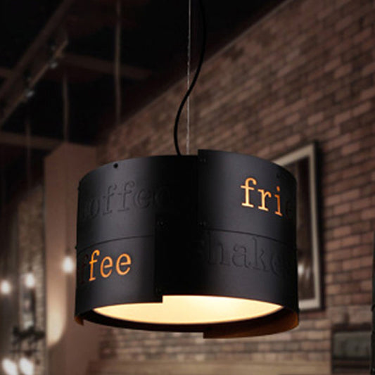 3-Light Chandelier Warehouse Script Printing Drum Iron Drop Lamp in Black with Splice Design and Inner Fabric Shade Clearhalo 'Ceiling Lights' 'Chandeliers' Lighting' options 1457101